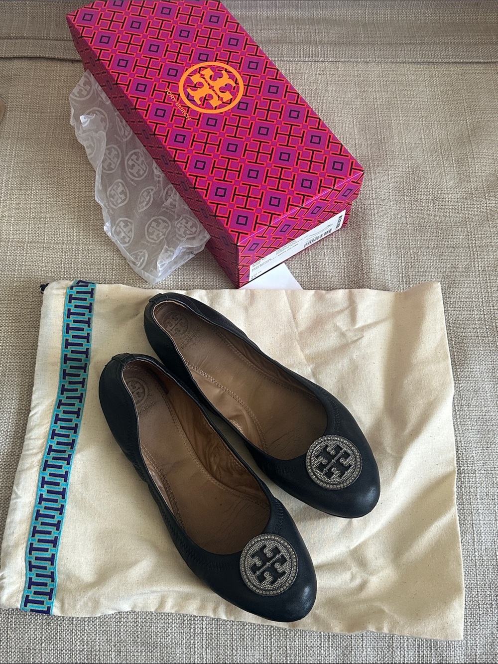 Tory Burch Black Leather Logo-Embellished Ballet Flats